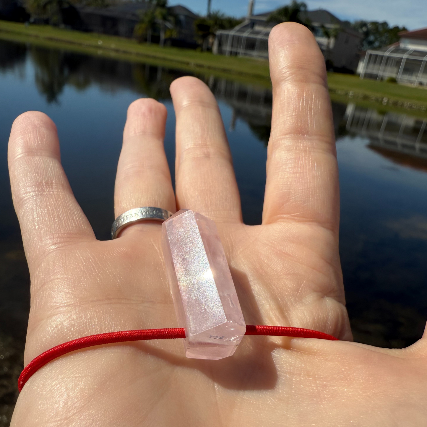 Let's FoCK IT™ Love Energy Amulet - Heal Heartbreak - Brazilian Rose Quartz Palm Bracelet - Cool Meditation Fidget Toy - Lucky Crystal Point